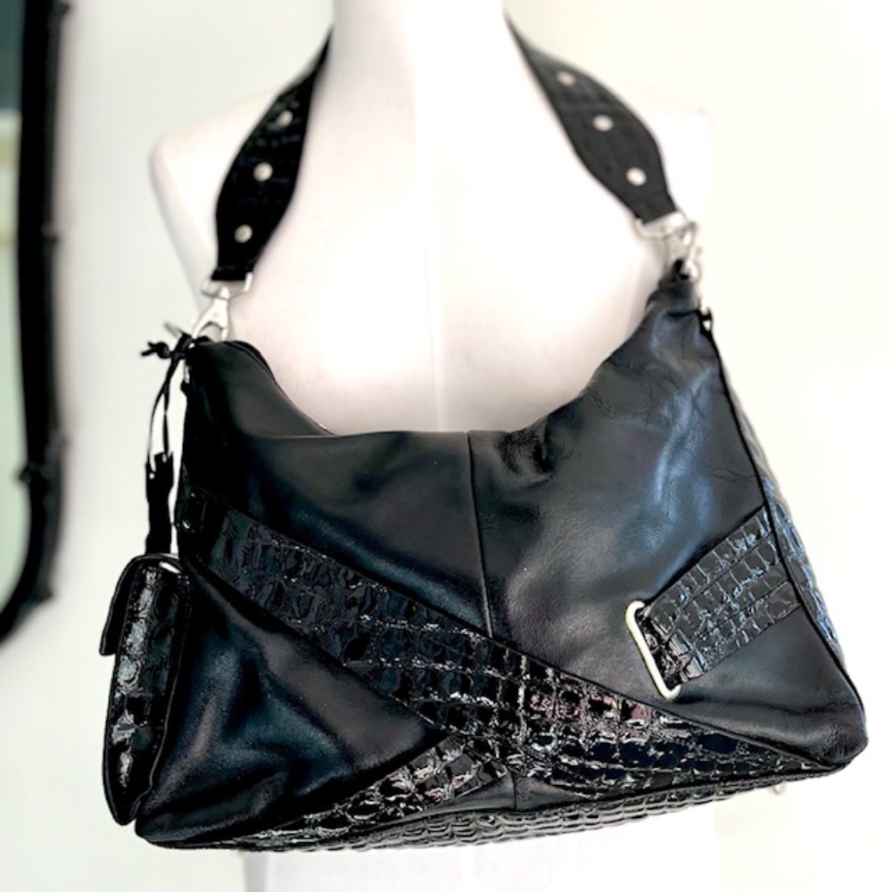 Charlie Lapson Black leather with Embossed Crocodile Pattern Shoulder Bag NWOT